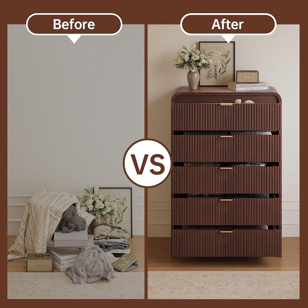 FURSUN Fluted 5 Drawers Dresser for Bedroom, 48' Tall Wooden Modern Dresser with Metal Handle, Curved Profile Design, Storage Organizer for Bedroom, Living Room, Hallway, Dark Walnut