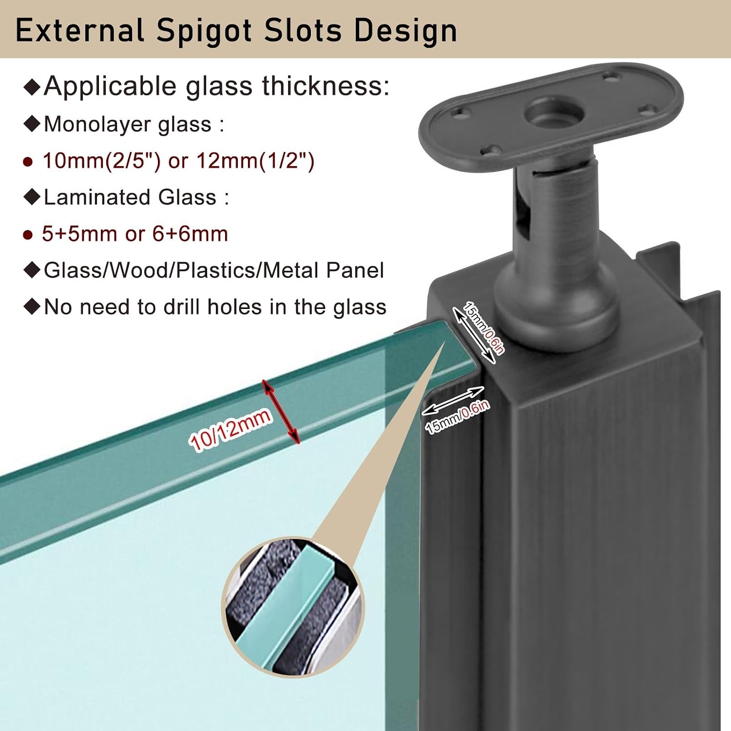 Stairs Railing Post for Square Handrail, Glass Railing Post System for 10mm 12mm Toughened Glass, Stair Landing Entryway Gate Glass Black Railing Posts(Black End Post,65cm/25.5in)