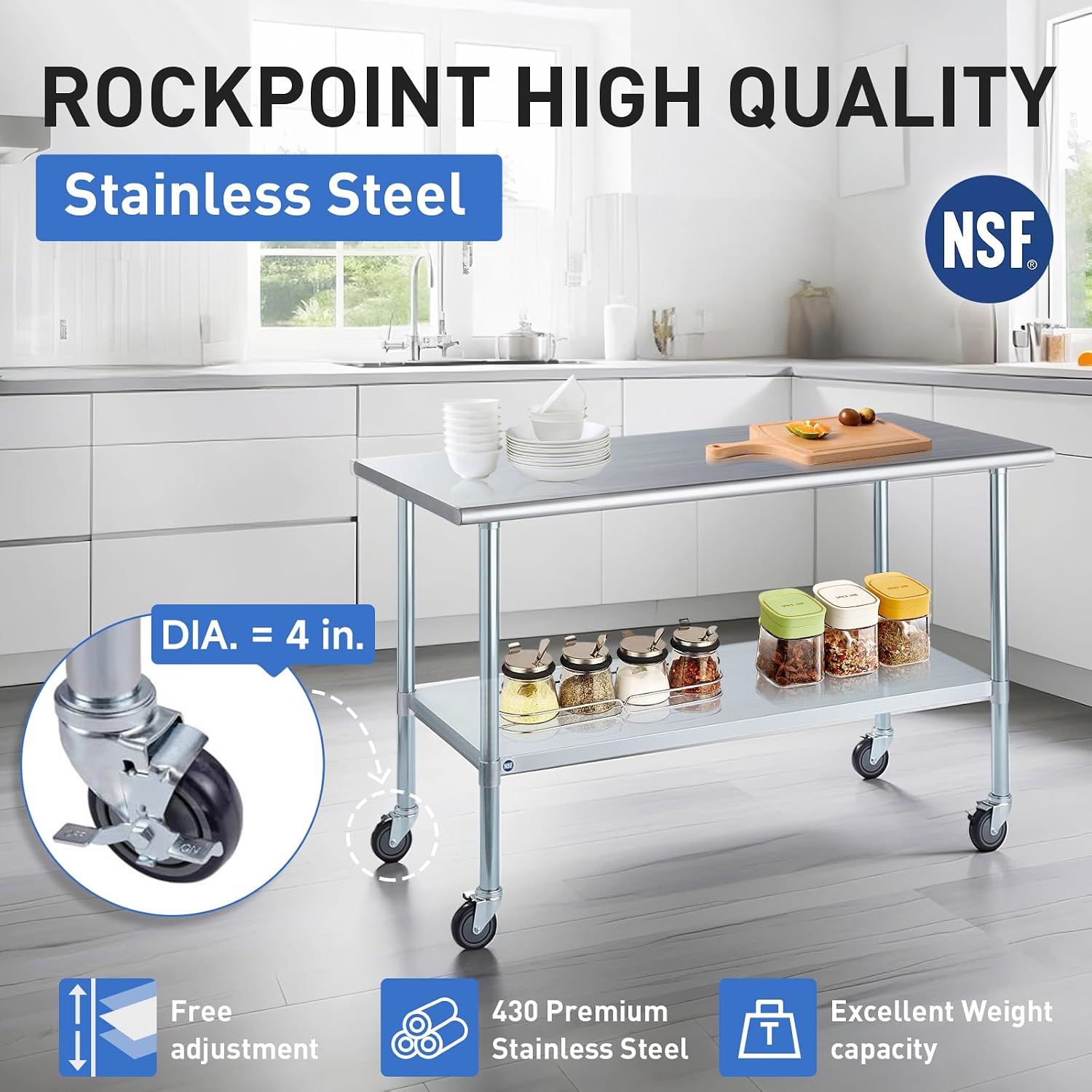 ROCKPOINT Stainless Steel Table for Prep & Work with Caster Wheels 30x36 Inches, NSF Commercial Heavy Duty Table with Undershelf and Legs for Restaurant, Home and Hotel