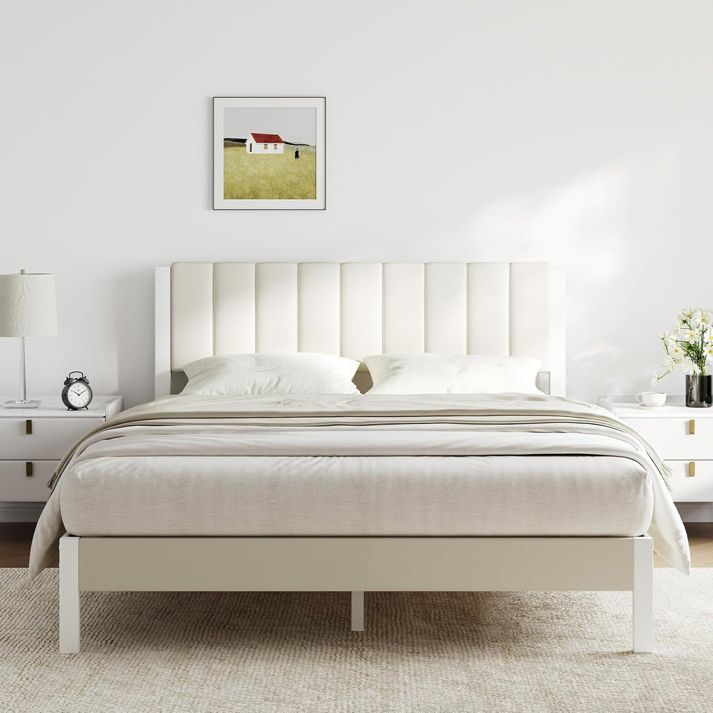 Novilla Twin Bed Frame with Piano Keys Headboard and Footboard, Metal Platform Bed Frames Twin Size, No Box Spring Needed, Easy Assembly, Steel Slats Support, Velvet White