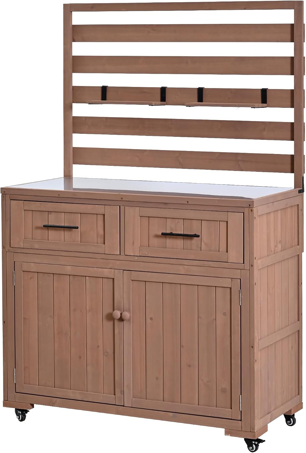 Roomfitters 64.9' Garden Potting Bench with Stainless Steel Top, Rolling Outdoor BBQ Prep Station, Storage Hutch, Drawers, Brown