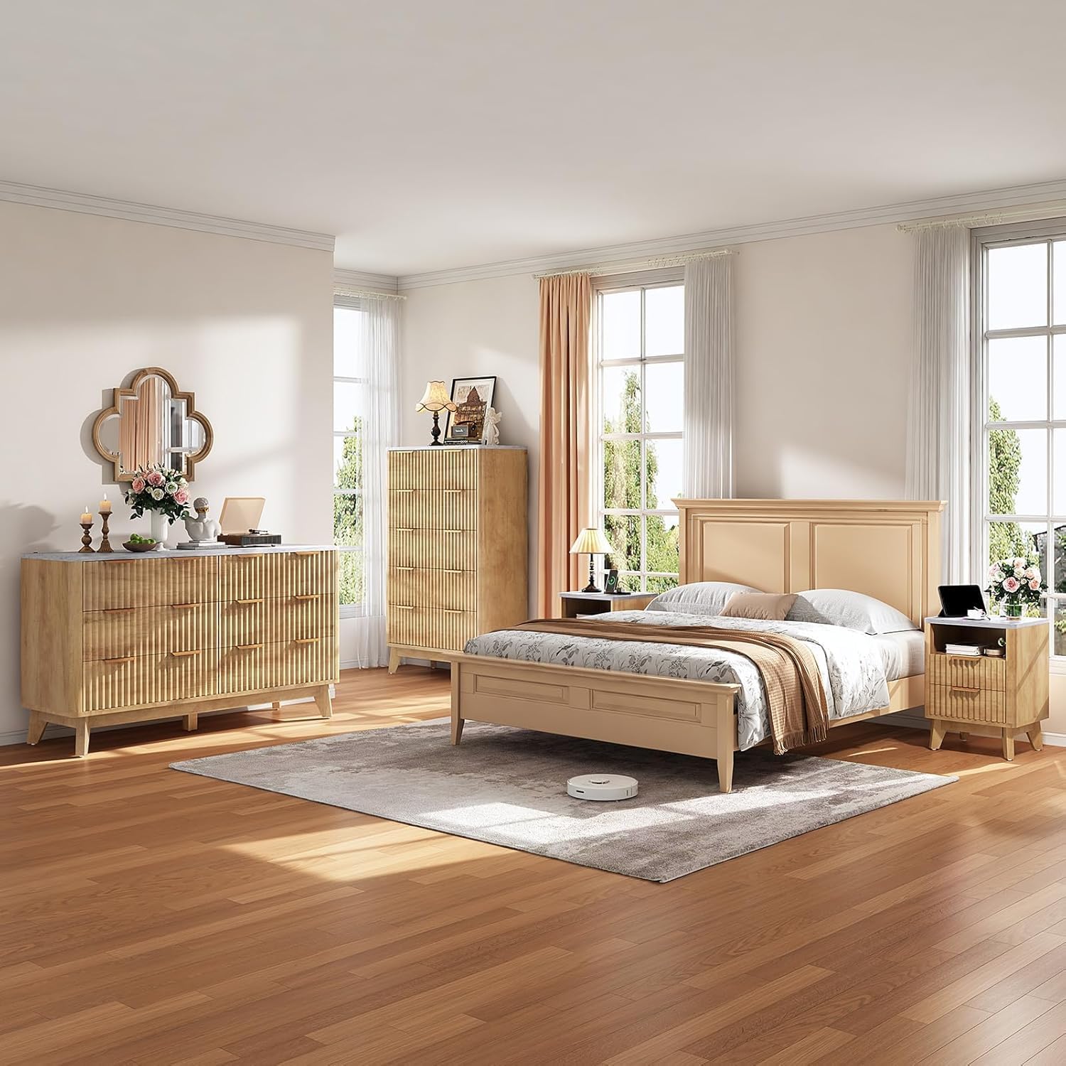 AMERLIFE 2 Piece Bedroom Set, Including Fluted 6 Drawers Dresser with Faux Marble Top, 48' Tall Modern 5 Chest of Drawers for Bedroom, Living Room, Hallway, Entryway, Natural Oak