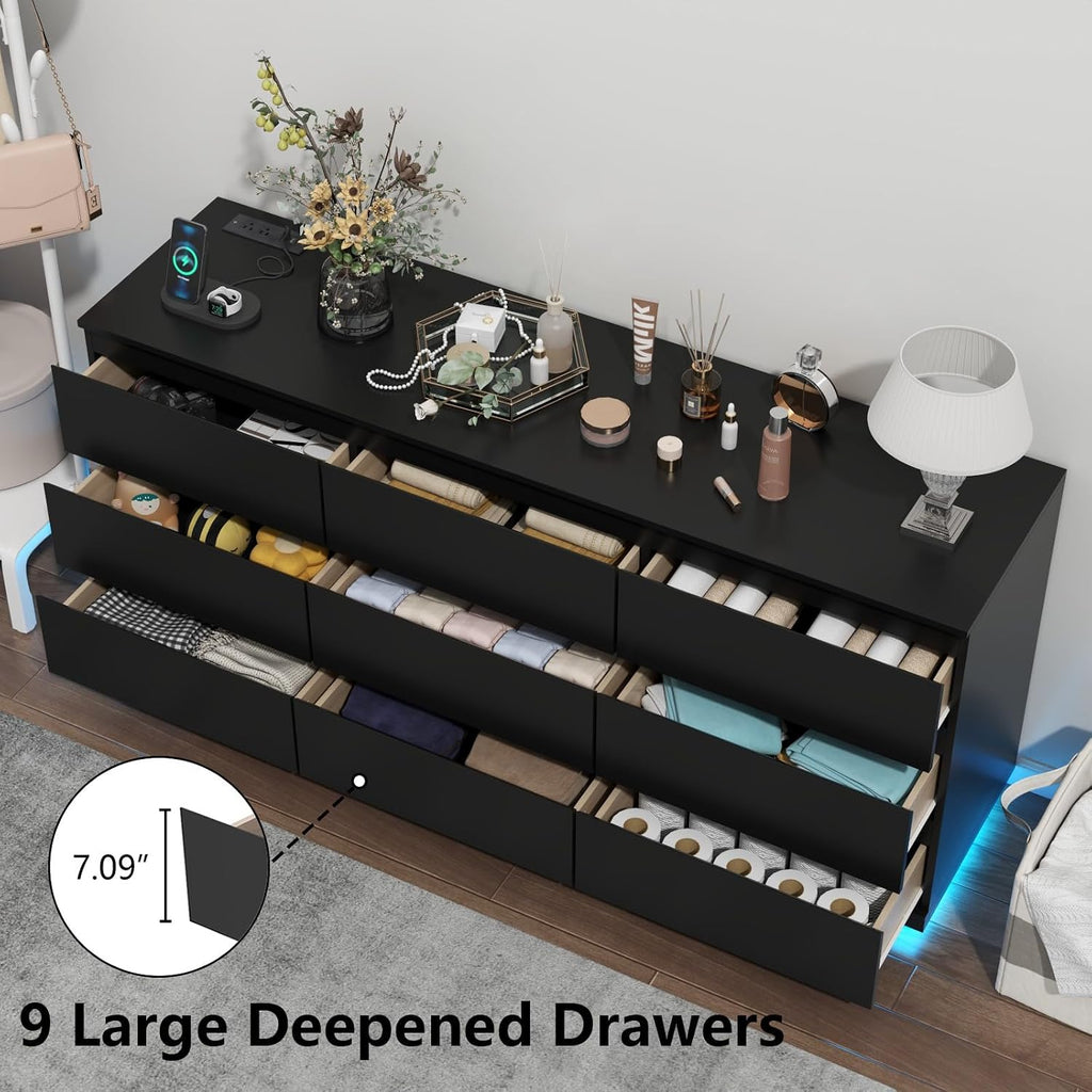 Gyfimoie 9 Drawer Dresser with Power Outlet and LED Lighting, Floating White Dresser Chest of Drawers, The Modern Organizer for Bedroom & Living Room (Black)