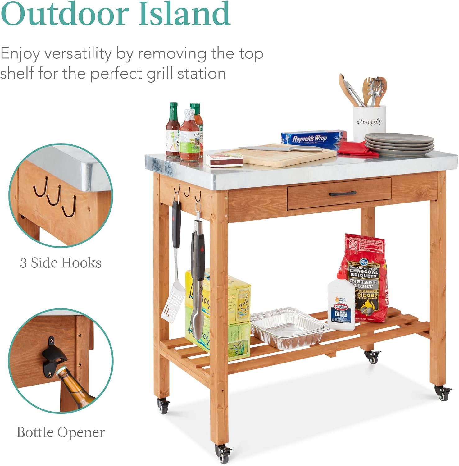 Best Choice Products Mobile Outdoor Table and Storage Cabinet w/Grill Accessory Hooks, 4 Locking Wheels, Stainless Steel Top for Patio Kitchen Island or Bar Cart - Medium Stained Brown