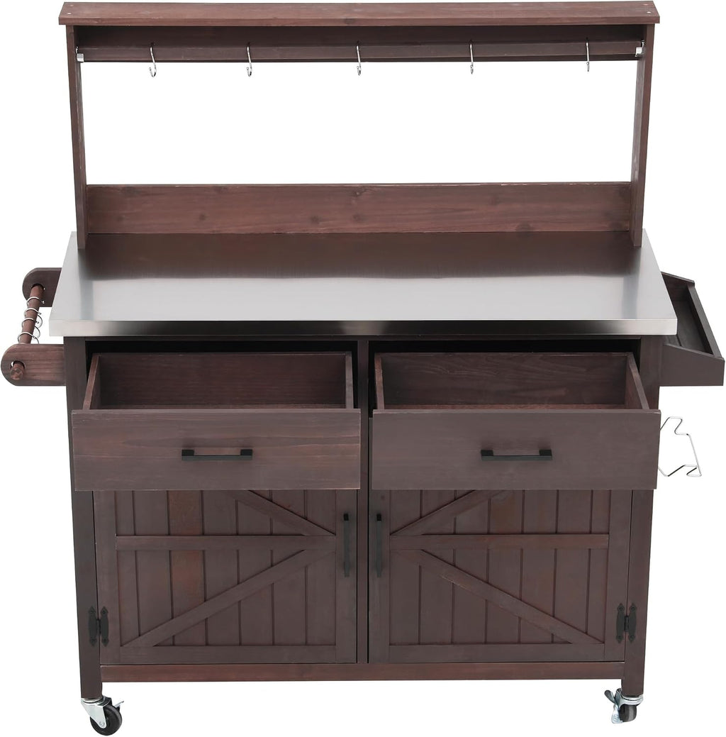 54.1' Stainless Steel Top Outdoor Kitchen Island, Solid Wood Potting Bench Table with Storage Cabinet and High Shelf, for Backyard, Patio, Garden, Brown