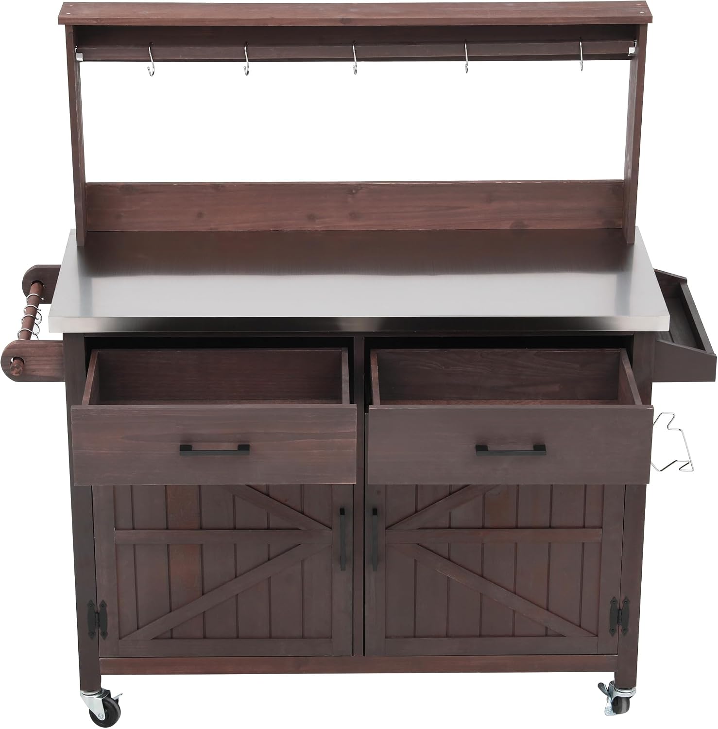 54.1' Stainless Steel Top Outdoor Kitchen Island, Solid Wood Potting Bench Table with Storage Cabinet and High Shelf, for Backyard, Patio, Garden, Brown