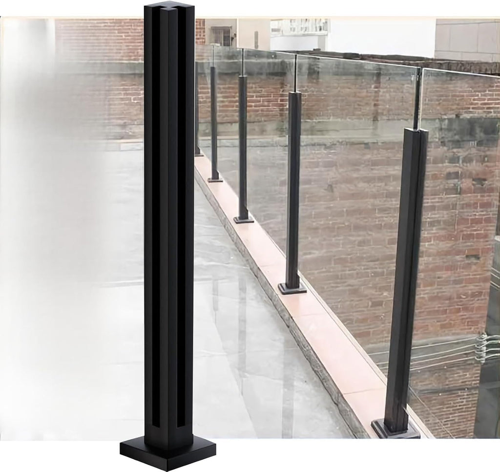 Black Glass Railing Post, 304 Stainless Steel Glass Railing with Spigot Slots & Base, Heavy-Duty Glass Clamp Bracket for Deck Balusters, Balcony, Patio, Stairs,(Corner Post,Height-75cm/29.5in)