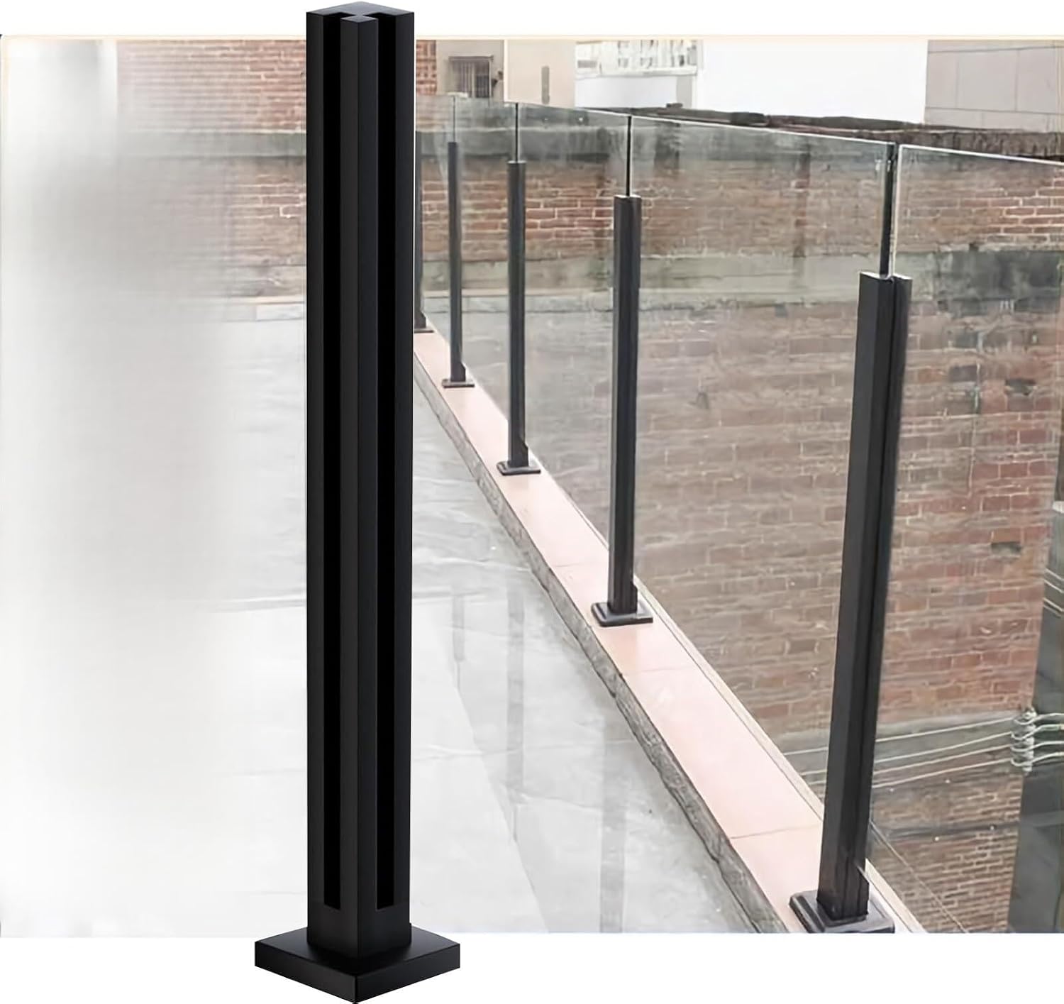 Black Glass Railing Post, 304 Stainless Steel Glass Railing with Spigot Slots & Base, Heavy-Duty Glass Clamp Bracket for Deck Balusters, Balcony, Patio, Stairs,(Corner Post,Height-75cm/29.5in)