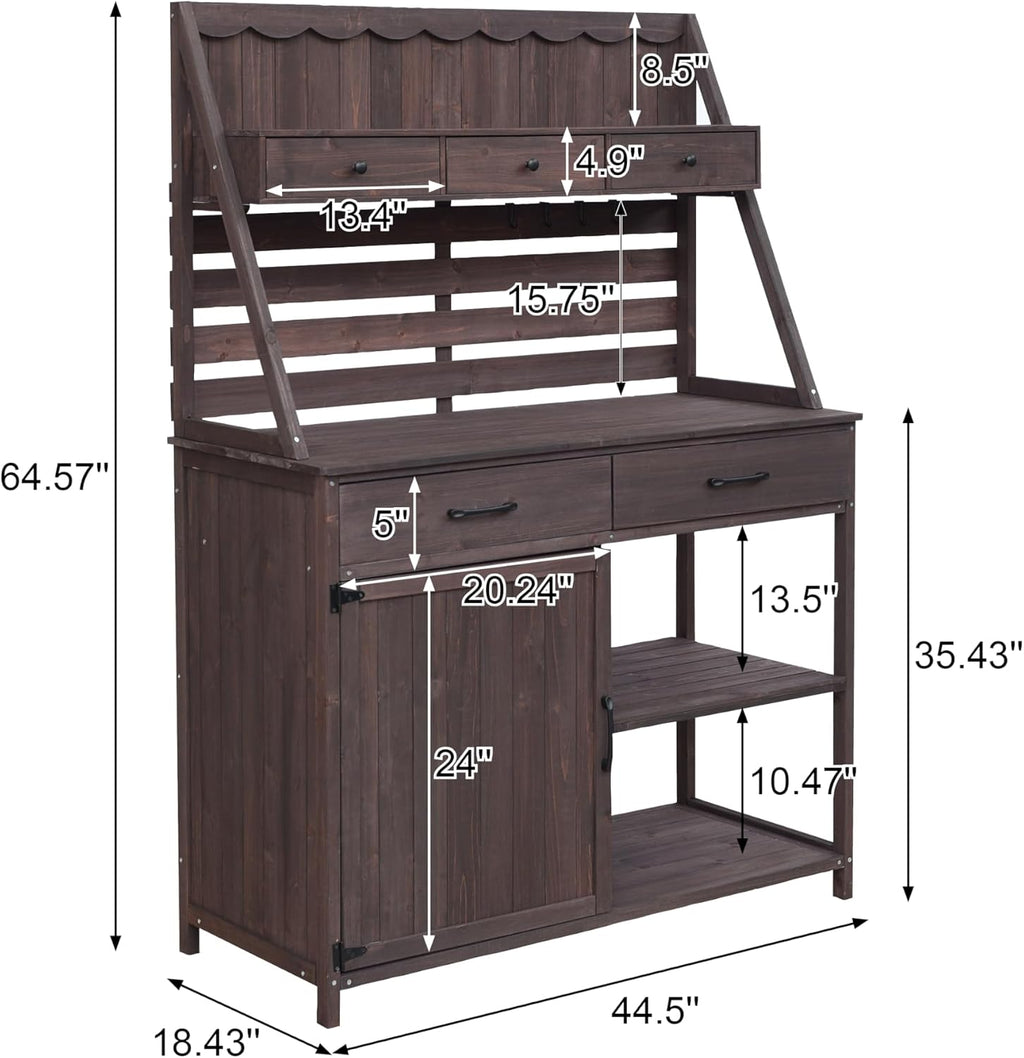 Outdoor Farmhouse Fir Wood Potting Bench Table,5-Drawer Garden Workstation with Slatted Back Panel & Storage Cabinet for Backyard, Mudroom
