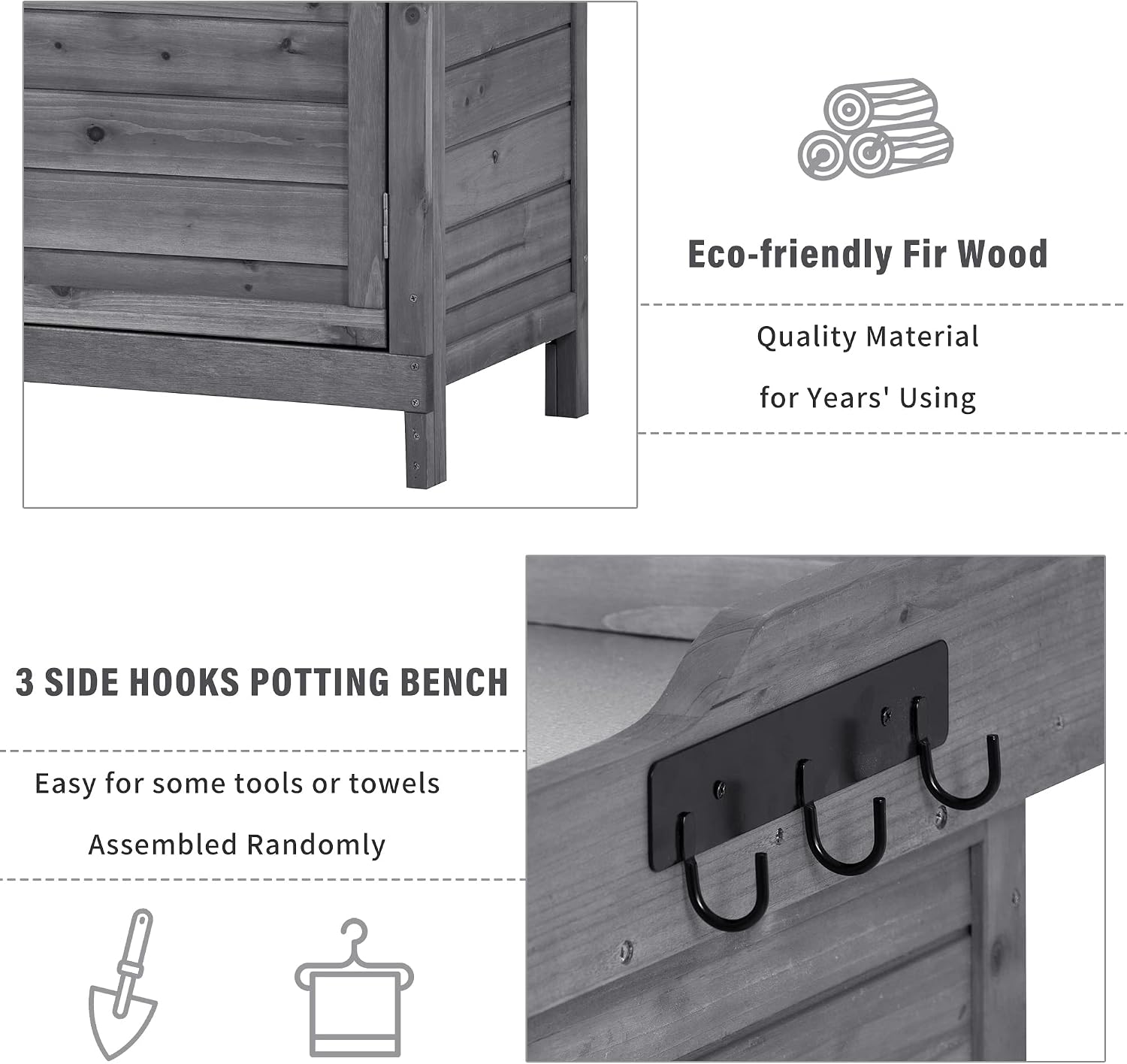 Outdoor 39' Potting Bench Table, Rustic Wood Workstation Storage Cabinet GShed with 2 Tier Shelves and Side Hook, Grey