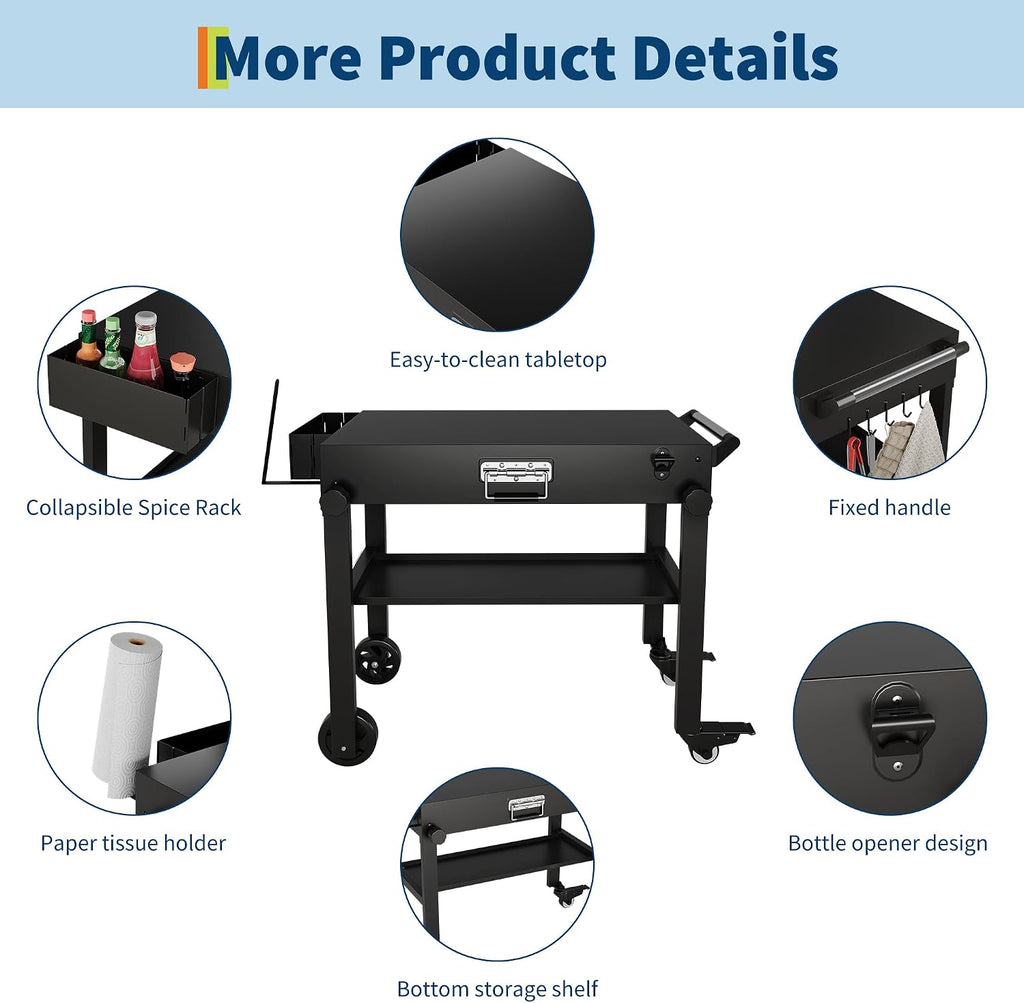 Dining Cart Table with Double-Shelf, Movable Pizza Oven Table Cart for Outside Patio, Stainless Steel Locking Wheels, Side Handle, Multifunctional, Kitchen Cooking Food Prep Table for Party, Black