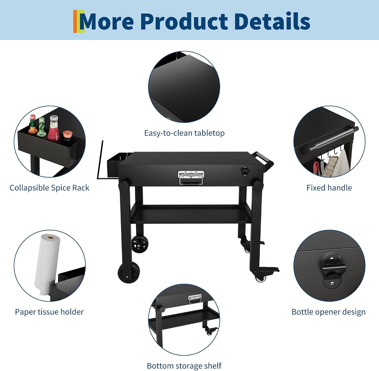 Dining Cart Table with Double-Shelf, Movable Pizza Oven Table Cart for Outside Patio, Stainless Steel Locking Wheels, Side Handle, Multifunctional, Kitchen Cooking Food Prep Table for Party, Black