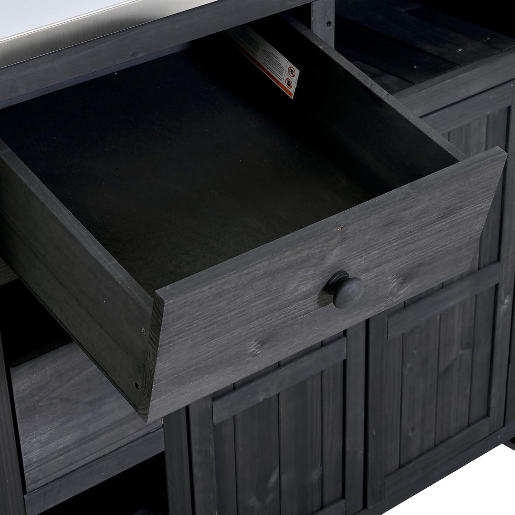 Outdoor Solid Wood Extendable 19.3''/28'' Kitchen Island,Stainless Steel Top Grill Table with Side Spice Rack,Drawers,for Backyard, BBQ,Party (Black-D)