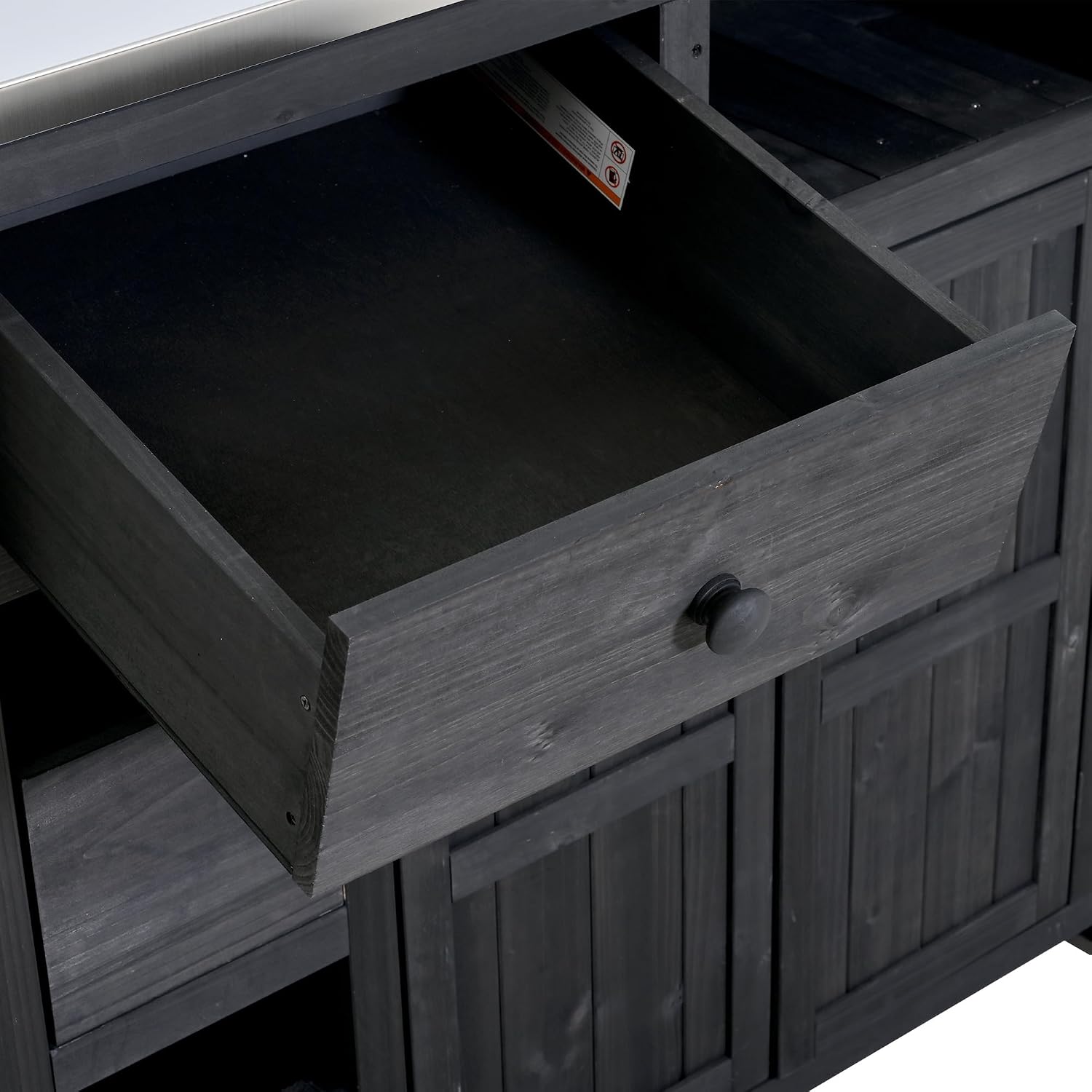 Outdoor Solid Wood Extendable 19.3''/28'' Kitchen Island,Stainless Steel Top Grill Table with Side Spice Rack,Drawers,for Backyard, BBQ,Party (Black-D)