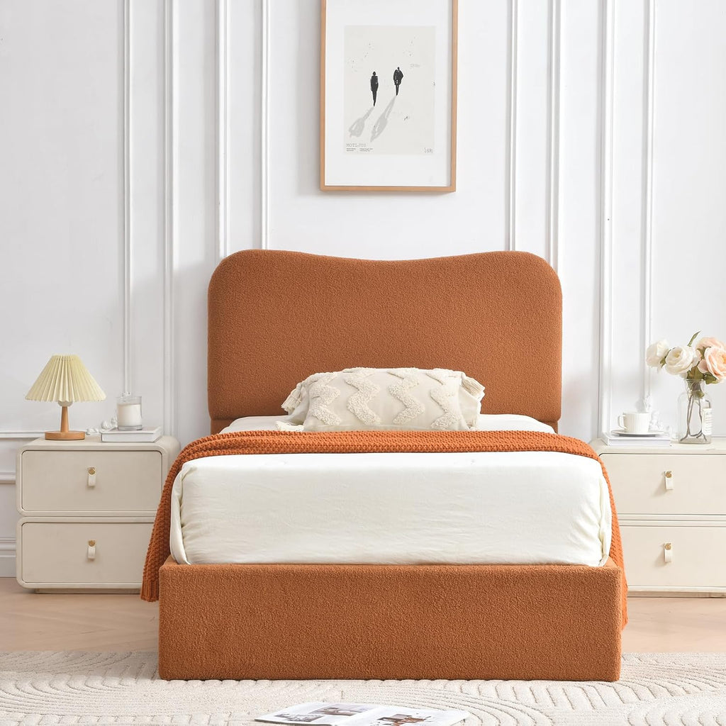 VELOCAVA Twin Size Lift-Up Storage Bed, Modern Upholstered Boucle Bed with Curved Headboard, Gas Lift Platform, Sturdy Wooden Slat Support, No Box Spring Needed, Easy Assembly, Rust Brown