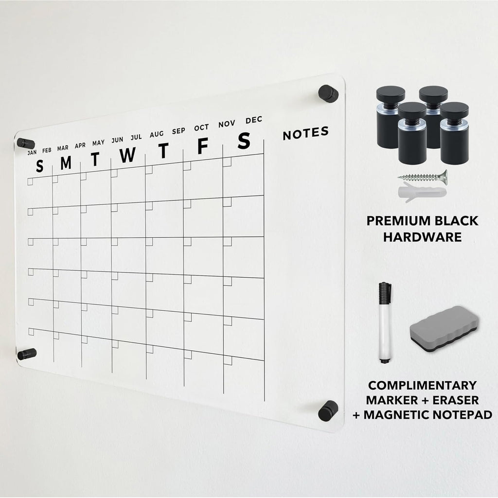 Acrylic Wall Premium Calendar with Black Hardware - Monthly and Weekly Board Family Planner - Dry Erase Calendar Family Calendar - Marker (Black Standoff, 36'x24' (Large))
