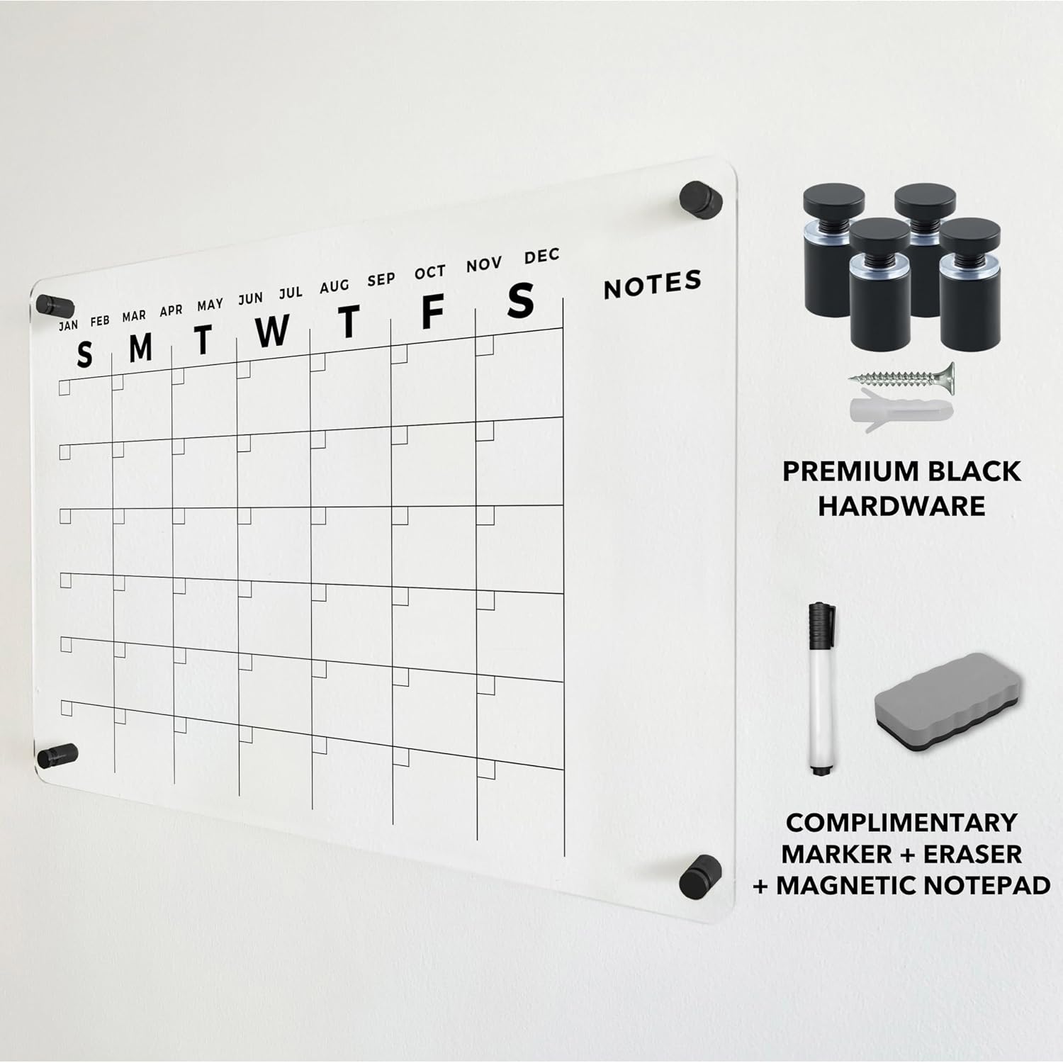 Acrylic Wall Premium Calendar with Black Hardware - Monthly and Weekly Board Family Planner - Dry Erase Calendar Family Calendar - Marker (Black Standoff, 36'x24' (Large))