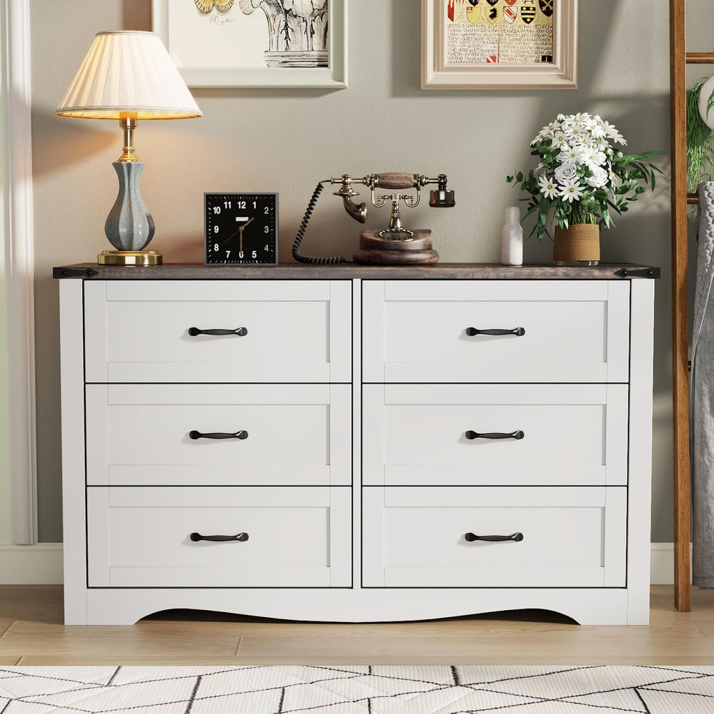 Loomie Farmhouse 6 Drawers Double Dresser for Bedroom, Modern White Dresser Chest of Drawers, Wide Dressers Organizer, Accent Storage Cabinet for Closet, Living Room, Hallway, Antique White