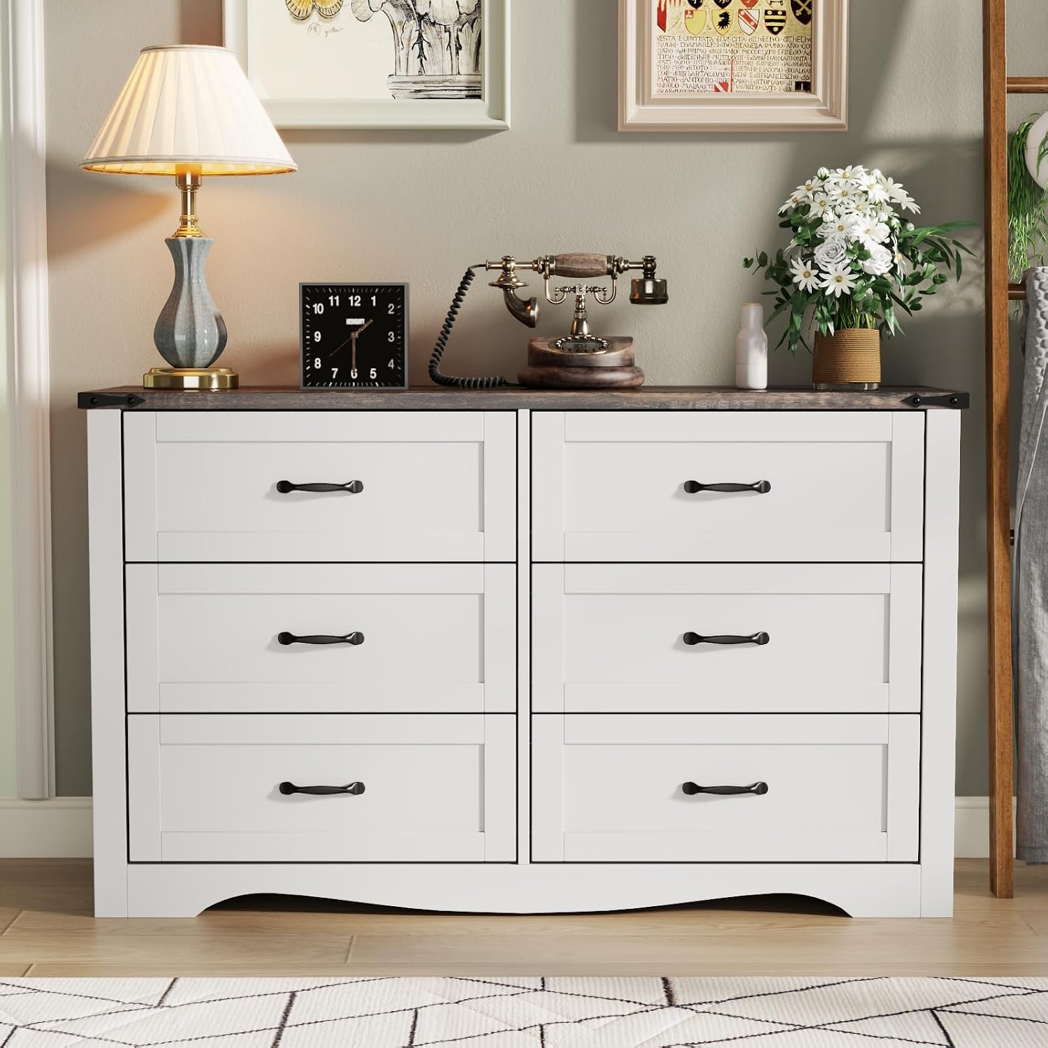 Loomie Farmhouse 6 Drawers Double Dresser for Bedroom, Modern White Dresser Chest of Drawers, Wide Dressers Organizer, Accent Storage Cabinet for Closet, Living Room, Hallway, Antique White