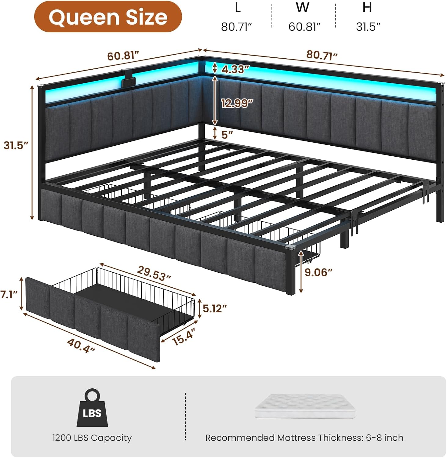 Hasuit Queen Corner Bed Frame with Storage Drawers, Queen Daybed with Line Fabric Upholstered Fence, Kids Bed Unit with LED Light and Charging Station, Modern Bed Frame Queen Size, Gray