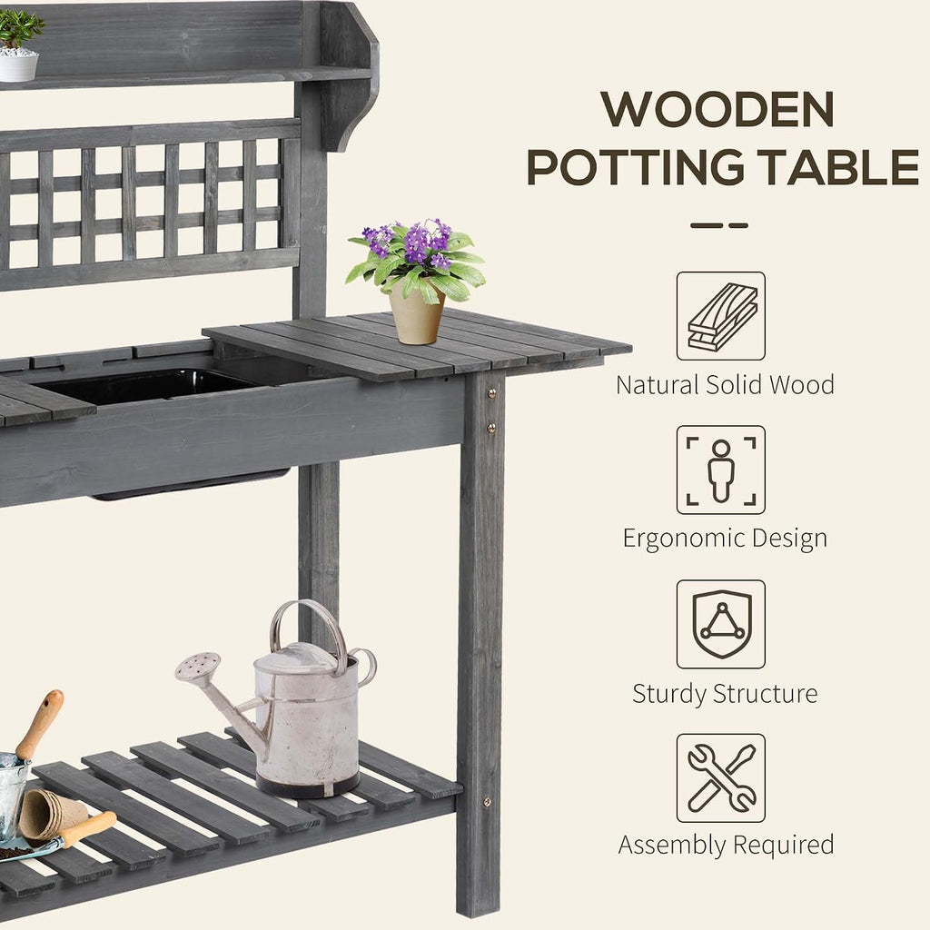 Potting Benches for Outside, Gardening Table & Potting Tables for Outdoors, Planting Table with Sliding Tabletop/Storage Shelf, Outdoor Wood Workstation Table with Dry Sink (Gray)