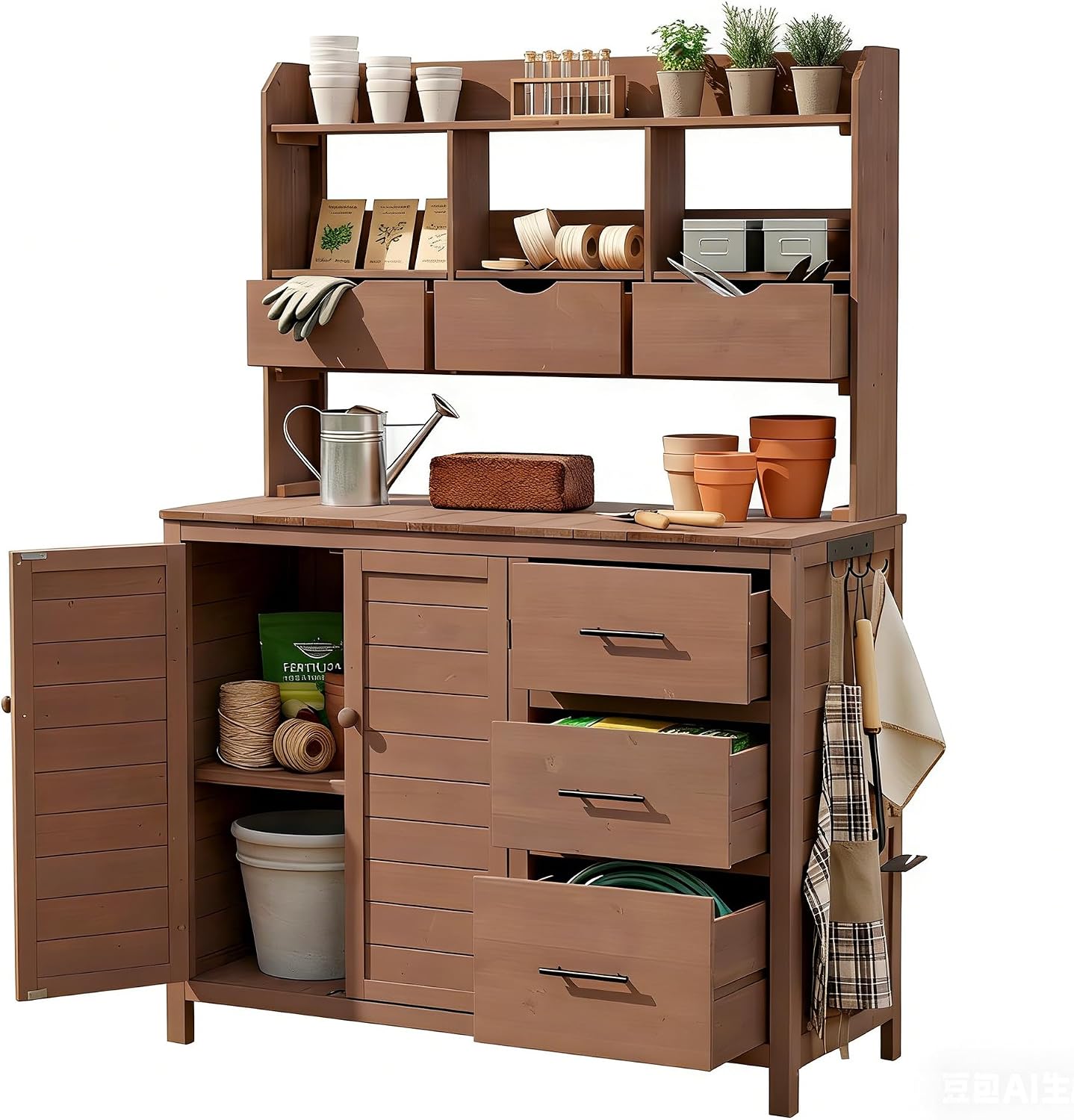 Roomfitters Garden Potting Bench with Storage Hutch, Outdoor Potting Table with 6 Drawers and Cabinets, Shelves, Brown