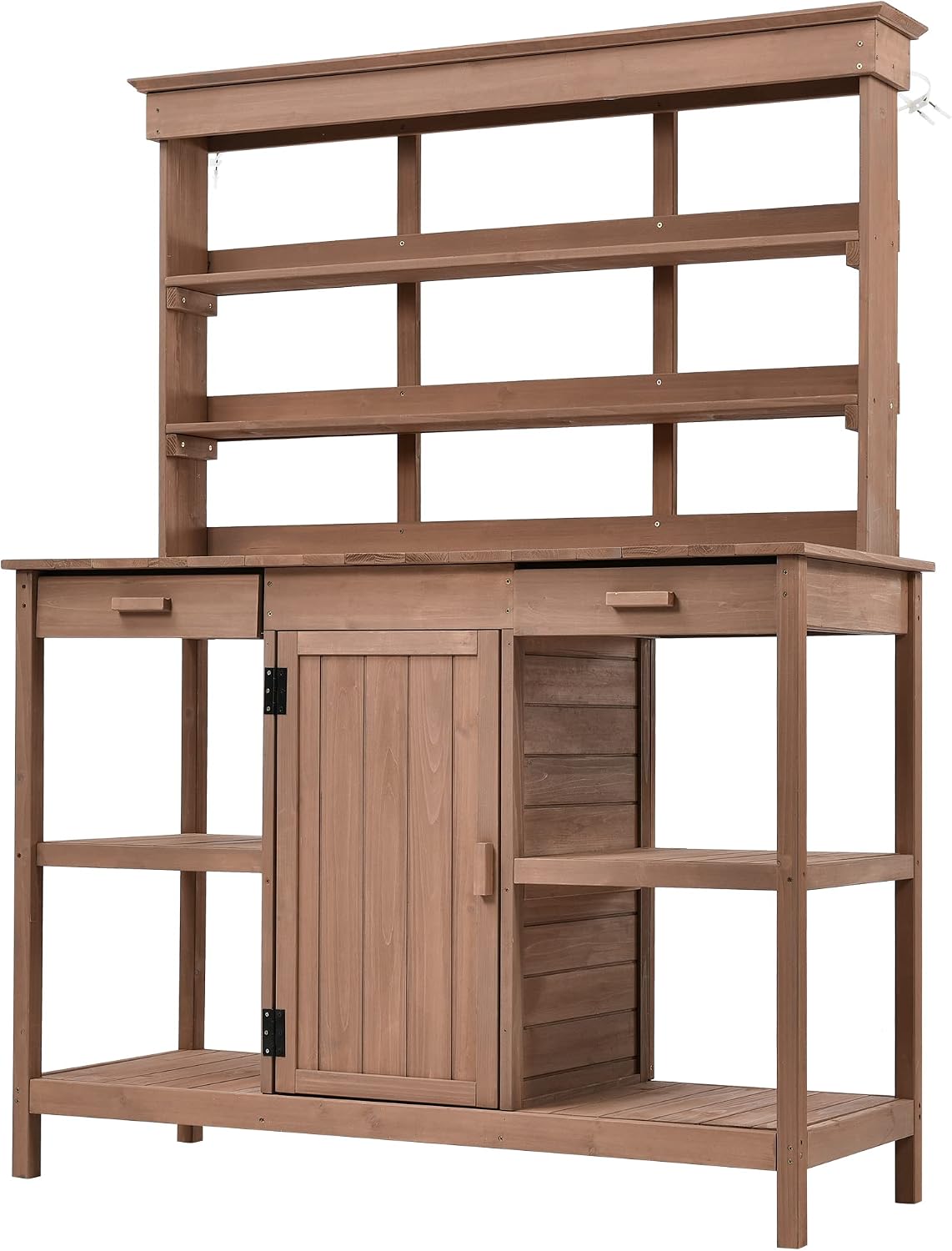 Outdoor Potting Bench Table - Farmhouse Wooden Garden Table - Potters Benches Workstation with 2 Drawers - Fir Wood Open Shelves Storage Cabinet with Compartment for Mudroom, Deck, Patio, Porch -Brown