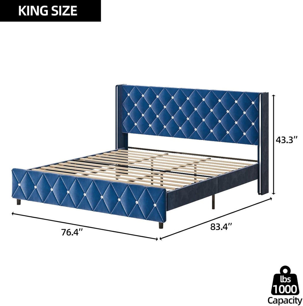 HOMBCK King Size Bed Frame with Headboard, Upholstered Bed with Diamond Tufted Design Design, Modern King Size Bed with Wingback, No Box Spring Needed, Easy Assembly, Blue