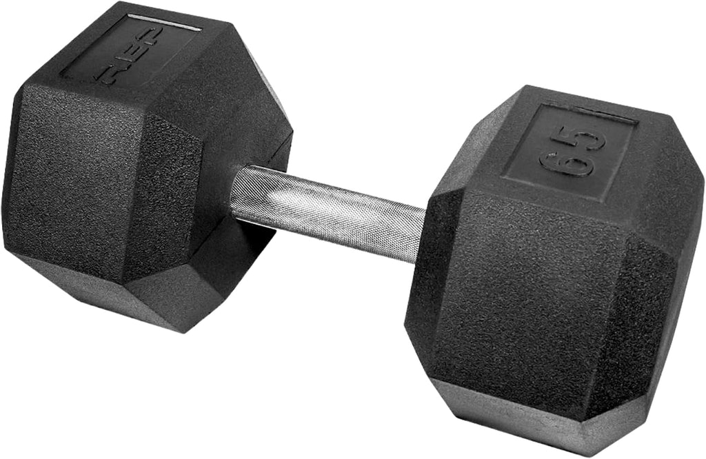 Rep Fitness Rubber Hex Dumbbell(s) - Singles (55LB +) and Pairs (5LB - 50LB) - Low Odor, Fully Knurled Handle