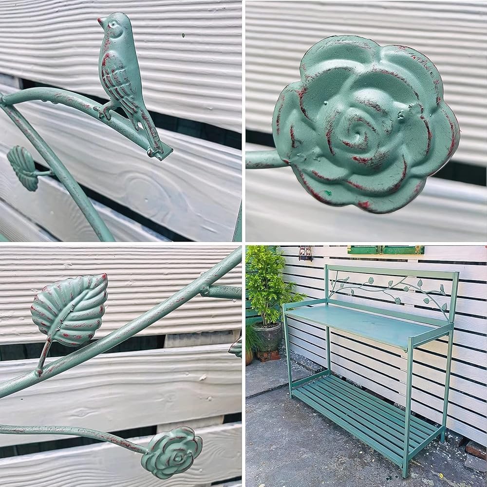 Outdoor Patio Metal Potting Table with 2- Tier Open Shelf, Potting Bench, Garden Work Station Table for Planting (Color:White)