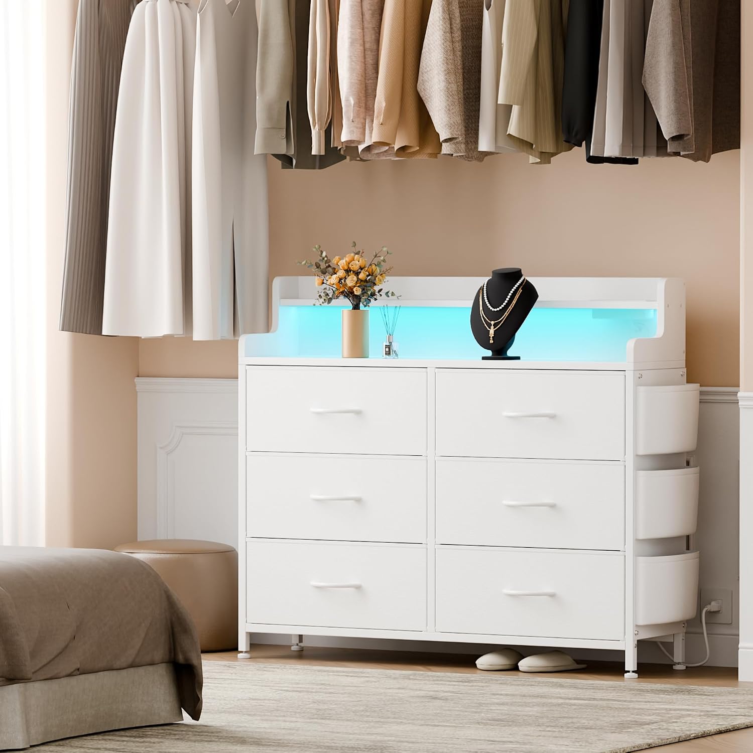 Lulive White Dresser for Bedroom 6 Drawers - Fabric Dressers for Bedroom with LED Light & Charging Station - Adults Chest of Drawers for Living Room Hallway Closet (White)