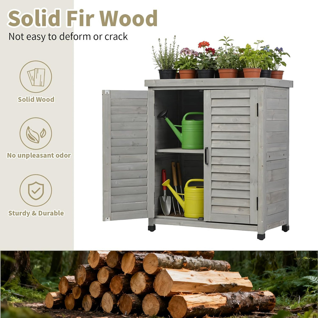 Outdoor Tool Storage Cabinet, Potting Bench with Storage Cabinet, Small Weather-Resistant Potting Table with Metal Table Top for Garden Backyard Patio, Gray