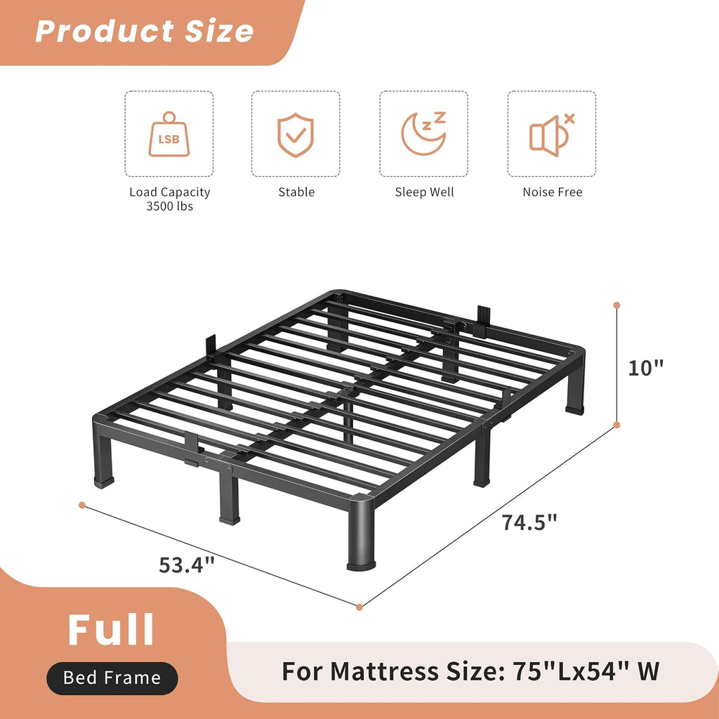 VIPSHOW 10 Inch Full Heavy Duty 3500 lbs Bed Frame with Round-Corner Legs & Anti-Squeak Design – Quick Assembly Metal Platform, No Box Spring Needed