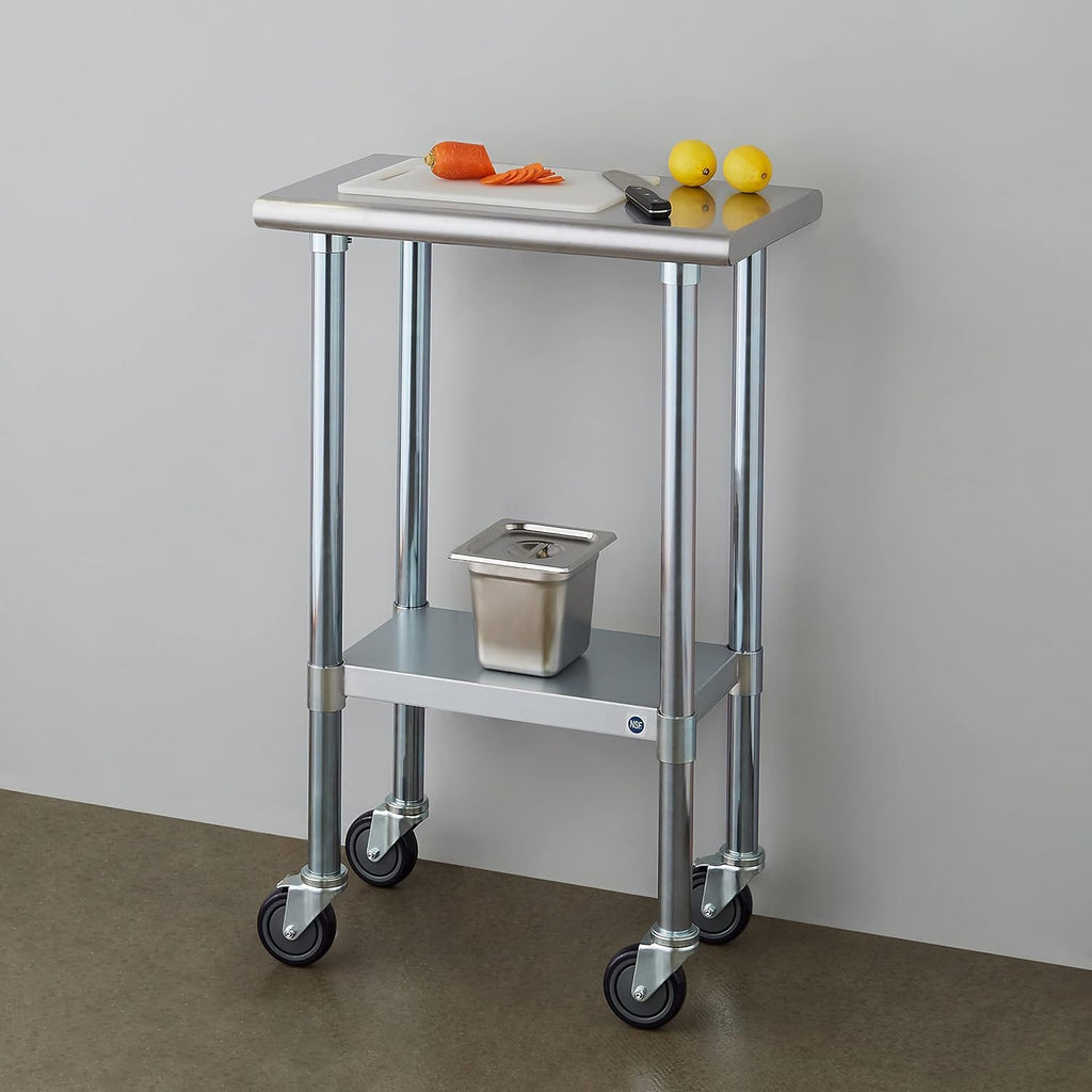 ROCKPOINT Stainless Steel Table for Prep & Work with Caster Wheels 14x24 Inches, NSF Metal Commercial Kitchen Heavy Duty Table with Adjustable Under Shelf and Table Foot for Restaurant, Home and Hotel