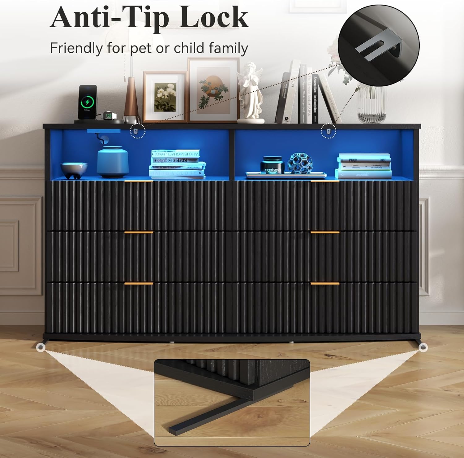 Gyfimoie Fluted 6 Drawer Dresser with LED Lights, Modern Black Chest of Drawers with Power Outlet & Curved Top, Wood Dresser TV Stand, Black Double Dresser for Bedroom, Living Room, Hallway
