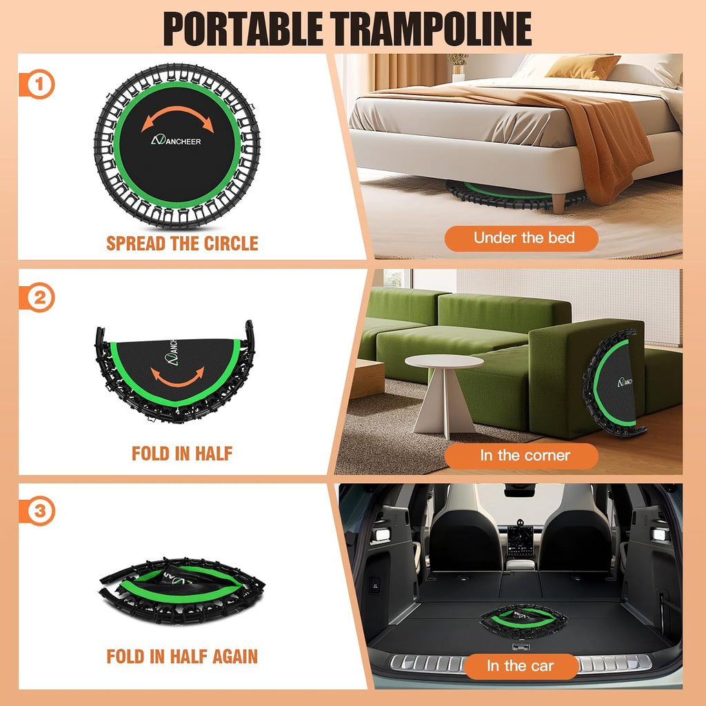 ANCHEER 40'/48' Foldable Mini Trampoline,Max Load 450lbs/550lbs Indoor Trampoline,with 4 Level Adjustable Foam Handle and Resistance Bands,Adult Exercise Trampoline for Home, Garden, and Gym