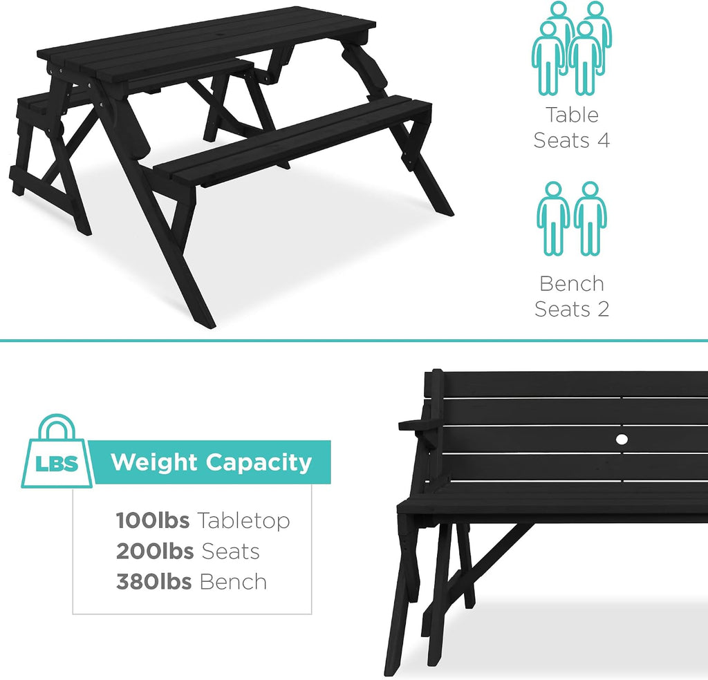 Best Choice Products 2-in-1 Transforming Interchangeable Outdoor Wooden Picnic Table Garden Bench for Backyard, Porch, Patio, Deck w/Umbrella Hole - Black