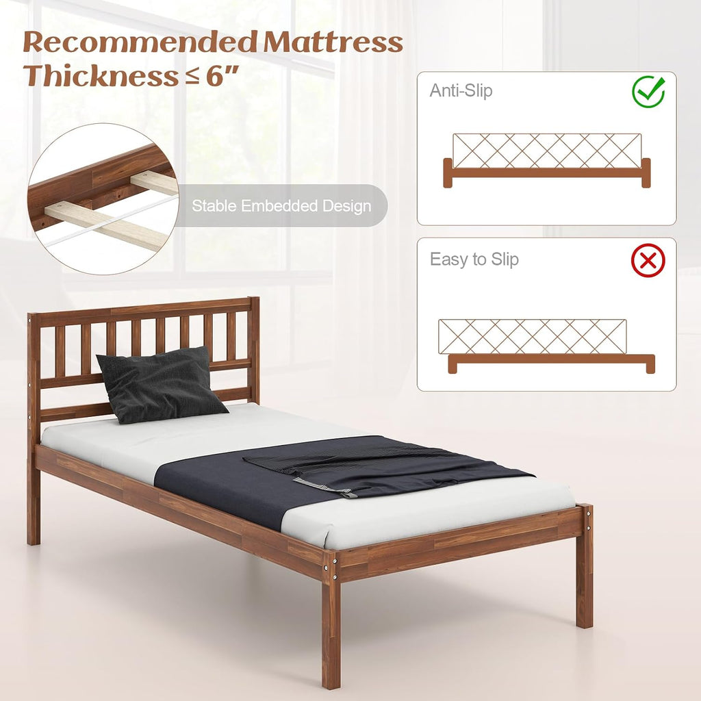 KOMFOTT Twin Size Wood Platform Bed Frame with Headboard, 16-Inch Mid-Century Wooden Bed Frame with Slats Support & 12' Under Bed Storage Space, Retro Mattress Foundation, No Box Spring Needed