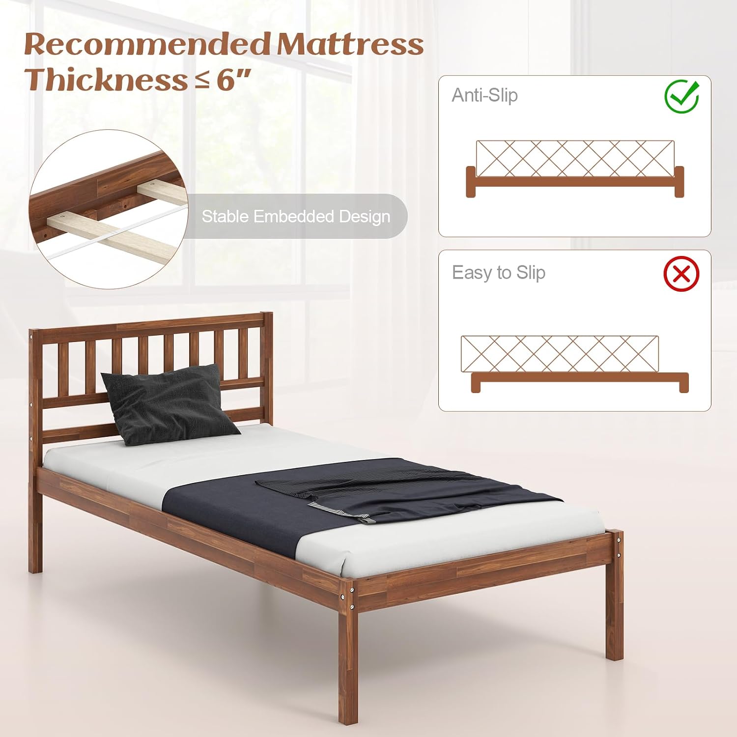 KOMFOTT Twin Size Wood Platform Bed Frame with Headboard, 16-Inch Mid-Century Wooden Bed Frame with Slats Support & 12' Under Bed Storage Space, Retro Mattress Foundation, No Box Spring Needed