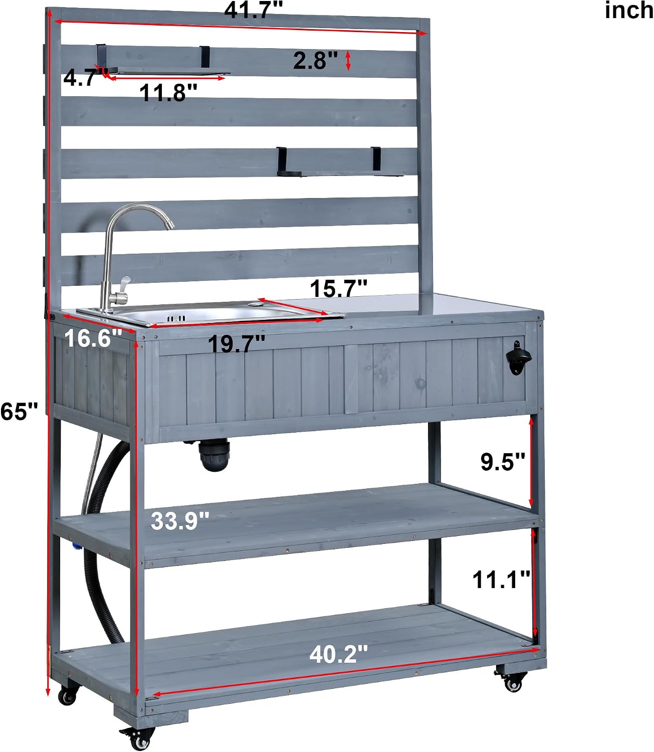 Outdoor Kitchen Island with Sink and Stainless Steel Top, 65 in | Fir wood, stainless steel top, sink, faucet, movable shelves, bottle opener, lockable wheels, 41.7 W x 16.6 D x 65 H in