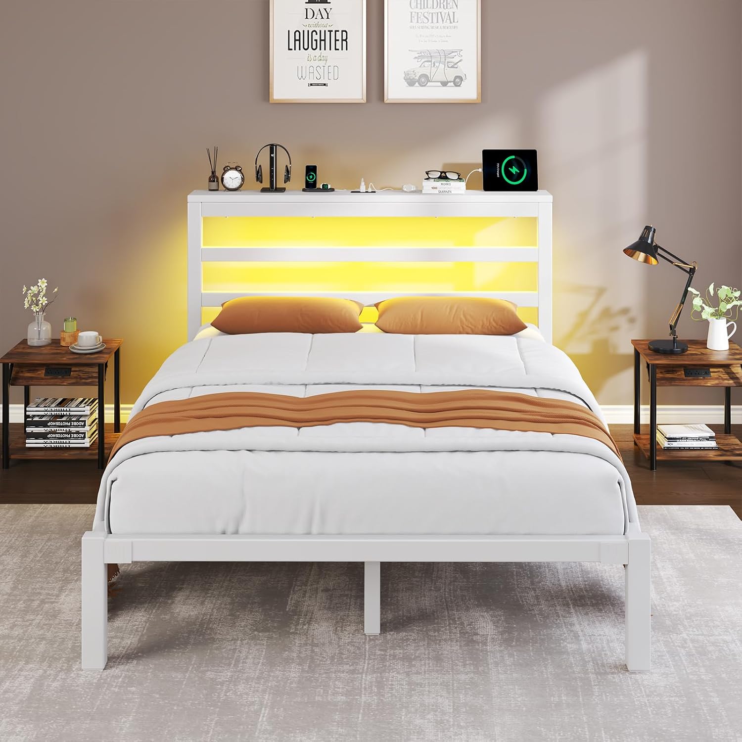 E-Motie Full Size Bed Frame with Storage Headboard, Industrial Platform Bed with Charging Station and LED Lights, Underbed Storage Space,Easy Assembly,No Box Spring Needed,Modern, White