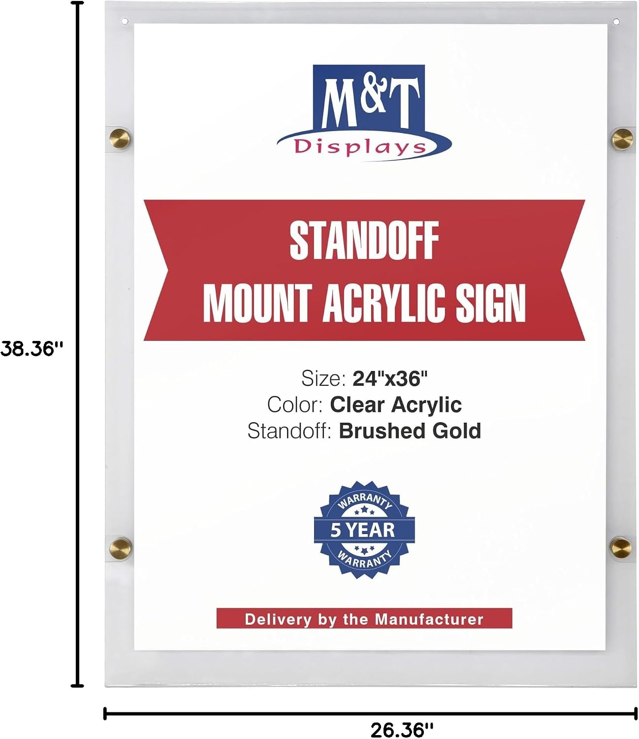 M&T Displays Wall Mounting 24x36 Inch Frameless Clear Acrylic Picture Sign Holder with Brushed Gold Standoff Hardware for Photo Certificate Diploma for Office Classroom Hospital Restaurant Cafe