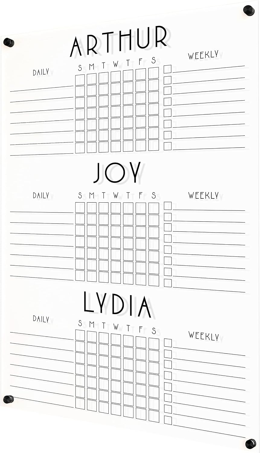 Personalized Chore Chart for Three Children | Custom Chore Chart for Girls and Boys dry erase clear acrylic minimalist homeschool (26'W x 38'H, Matte Black Standoffs)