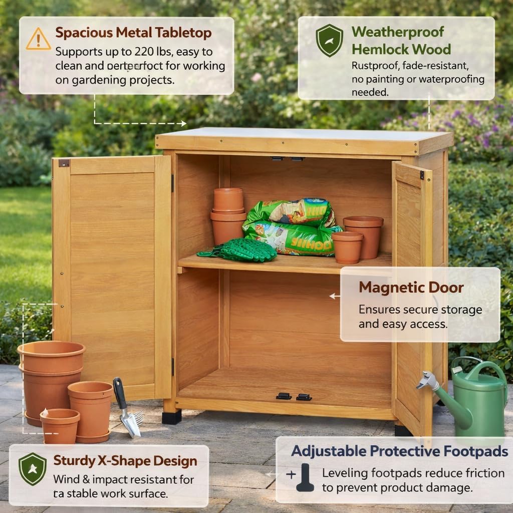 Potting Bench with Storage Cabinet & Metal Top, Solid Wood Hemlock Outdoor Work Station Table, X-Shape Sturdy Design, Magnetic Door, Gray/Light Brown, 31'x17'x36' (Light Brown)