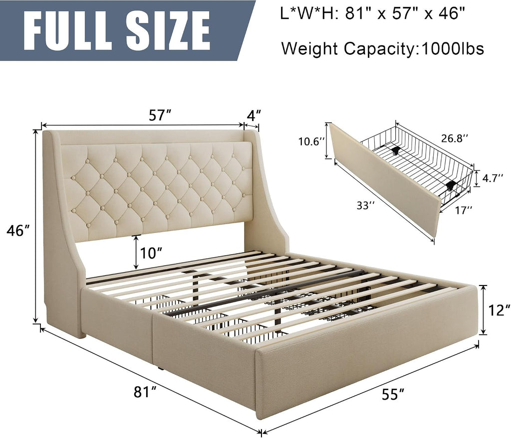 Full Size Upholstered Platform Bed Frame with 4 Storage Drawers and Charging Station, Linen Button Tufted Wingback Headboard, Sturdy Wooden Support Slats, No Box Spring Needed, Beige