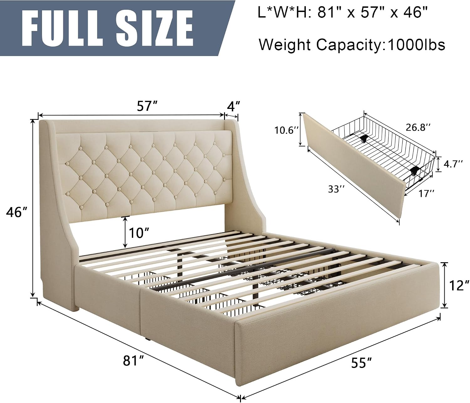 Full Size Upholstered Platform Bed Frame with 4 Storage Drawers and Charging Station, Linen Button Tufted Wingback Headboard, Sturdy Wooden Support Slats, No Box Spring Needed, Beige