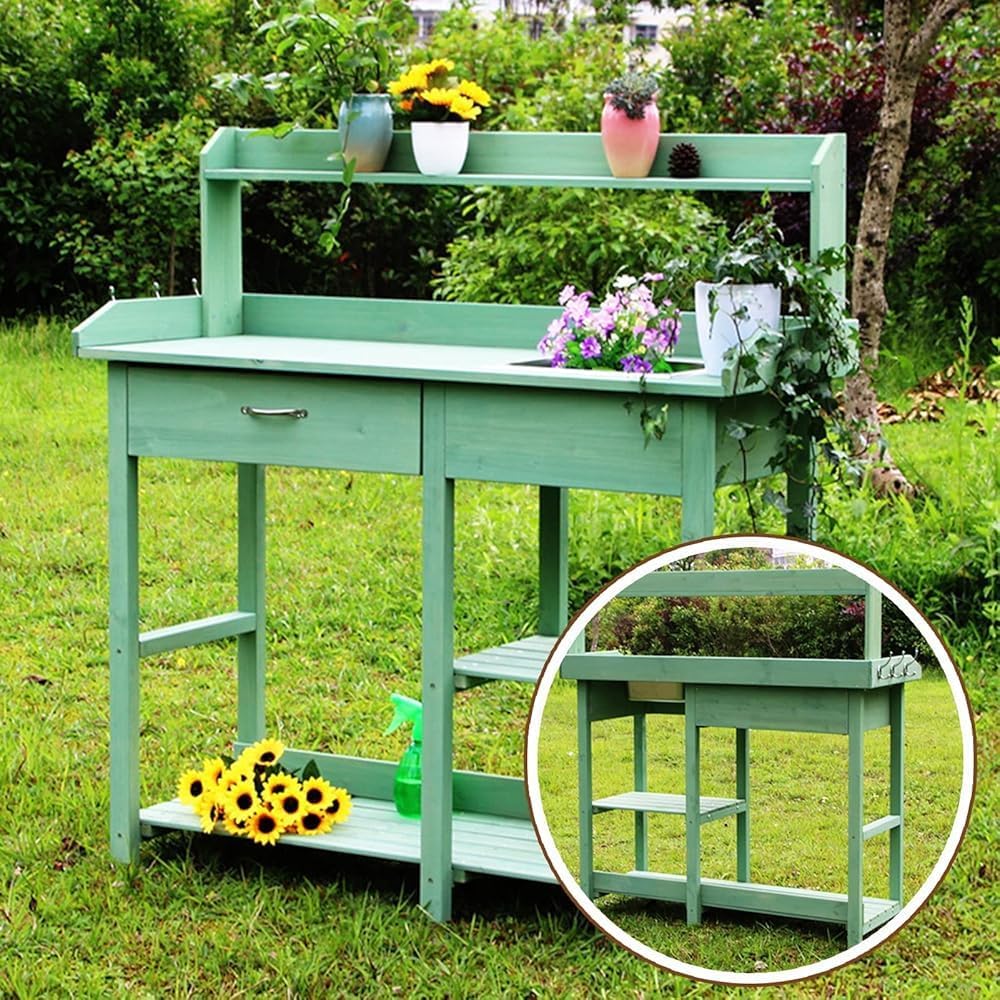 Planting Work Bench with Removable Sink - Gardening Bench Potting Table with Storage Shelves and Drawer for Outdoor Garden Patio Yard(Size:117x45x121cm,Color:Blue)
