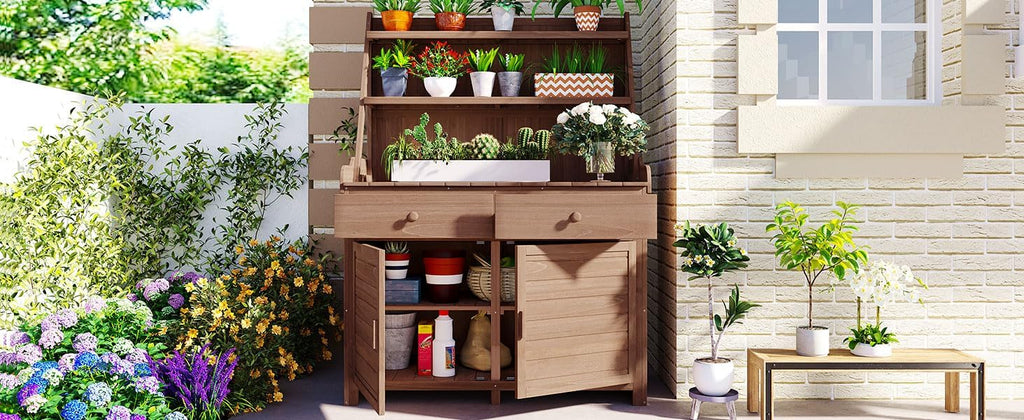 [Assembly Video Provided] TOPMAX 65inch Garden Potting Bench Table, Fir Wood Workstation with Storage Shelf, Drawer and Cabinet, Brown
