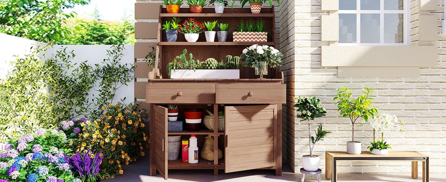 [Assembly Video Provided] TOPMAX 65inch Garden Potting Bench Table, Fir Wood Workstation with Storage Shelf, Drawer and Cabinet, Brown