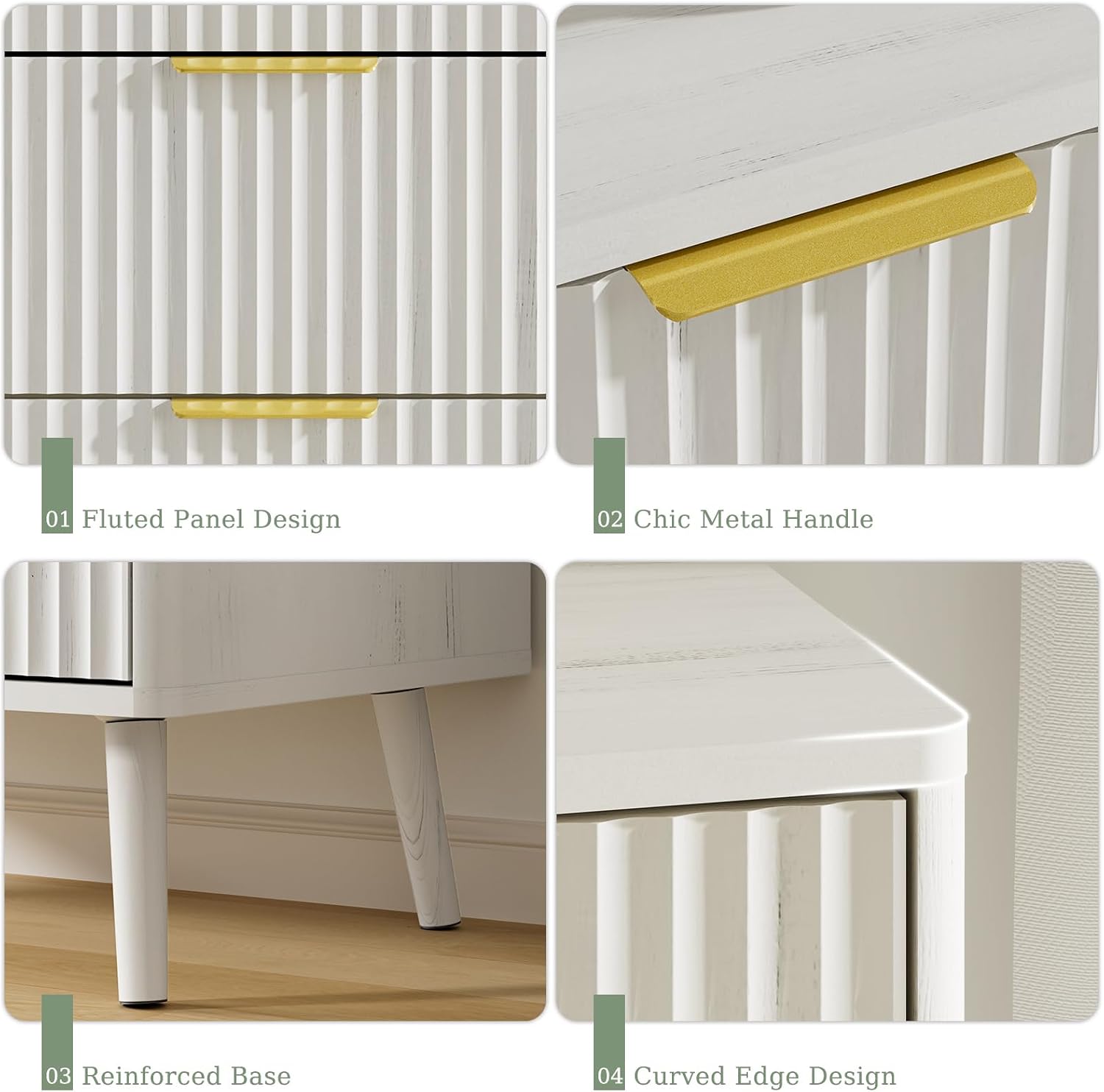LYNSOM Fluted 5 Drawers Dresser, 45' Tall Modern Chest of Drawers with Curved Profile Design and Metal Handle, Wood Drawer Organizer for Bedroom, Living Room, Hallway, Entryway, White